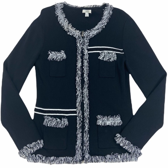 Cache Sweaters - Cachet black knit fringe zip jacket cardigan. M